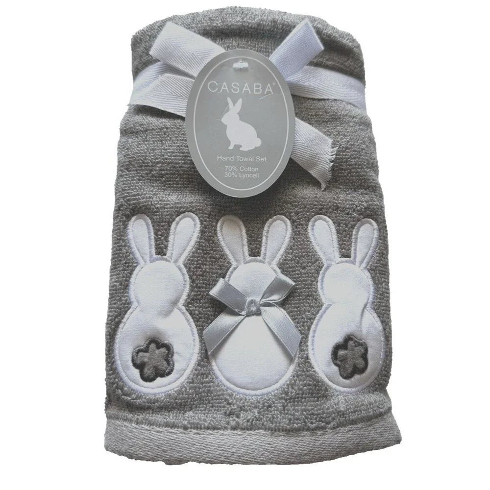 Casaba Hand Towels Easter Appliqued Embroidered White Bunnies Brown Set of 2